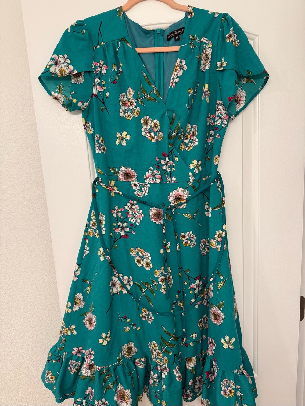 Unique Vintage Teal Floral Wrap Dress, 1940s style